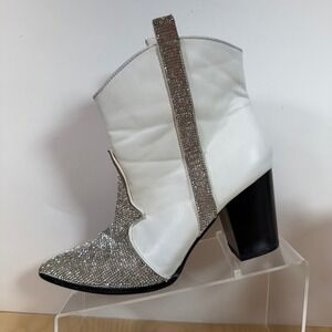 White Rhinestone Western Cowboy Cowgirl Ankle Boots Block Heel Women's Shoes